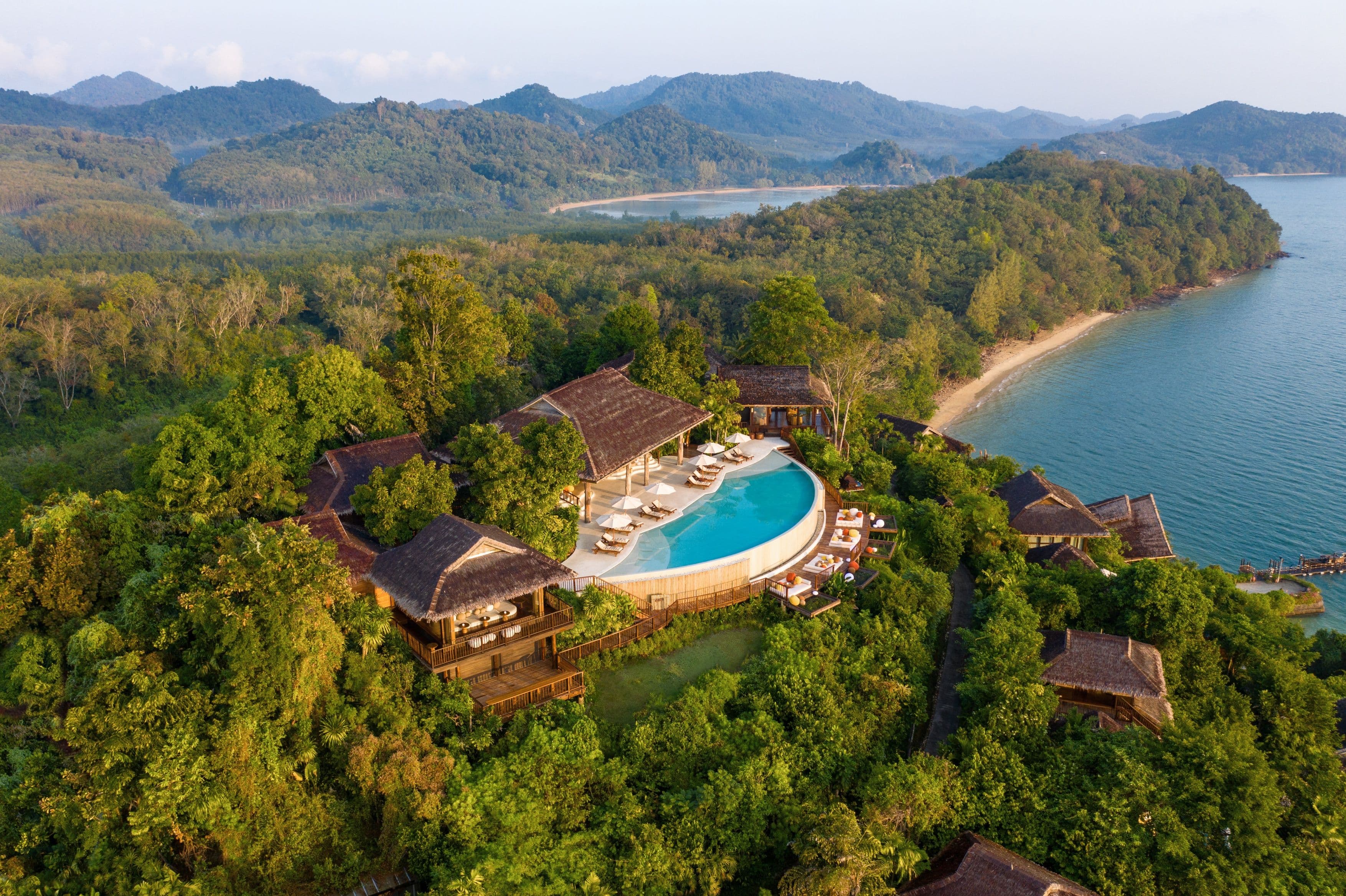 Luxury beach wellness retreat aerial view in Thailand